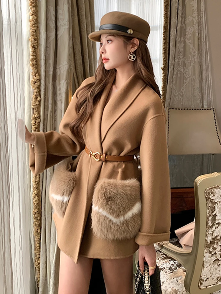 Женское кашемировое пальто с карманами теплая шерстяная куртка рукавом летучая