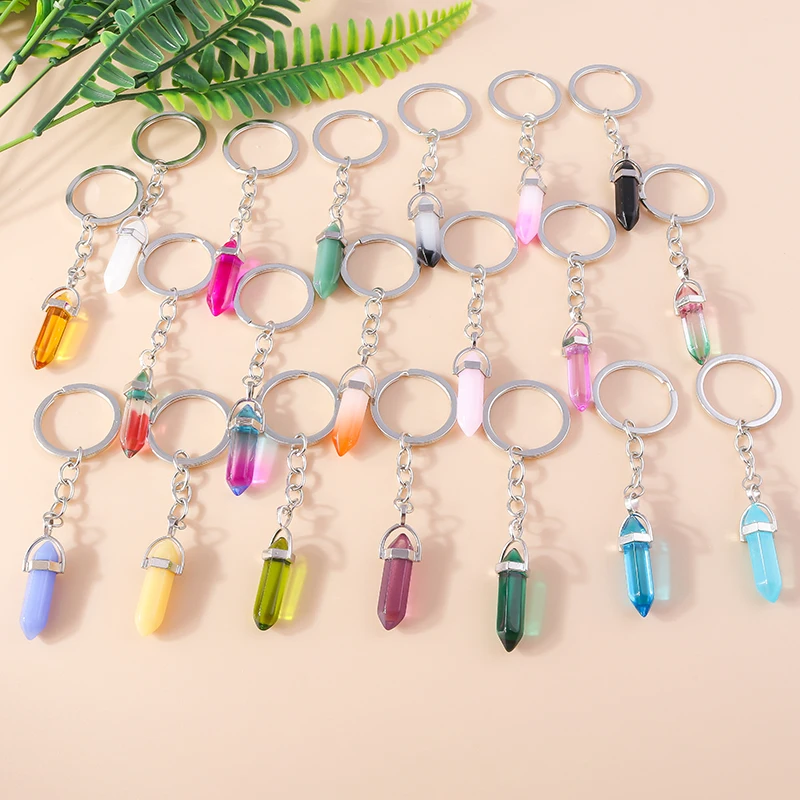 

New Colorful Natural Hexagonal Colum Stone Key Chains Bullet Shape Quartz Crystal Key Chain Ring For Women Men Handbag Jewelry