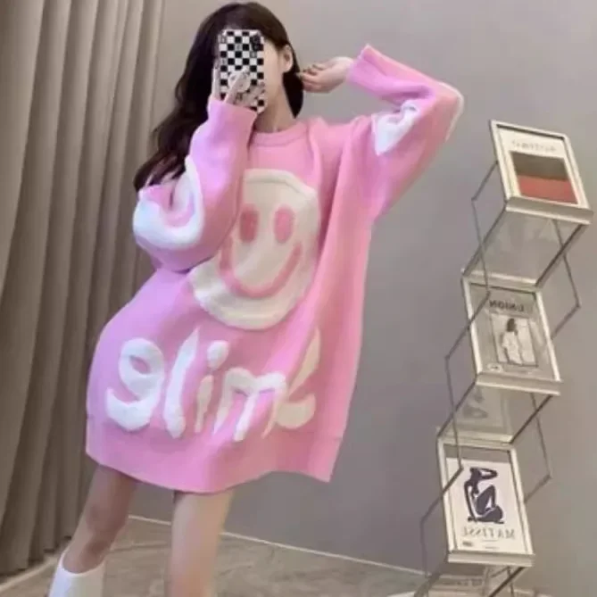 Жаккардовый свитер со смайликом женский свободный крой утягивающий стиль