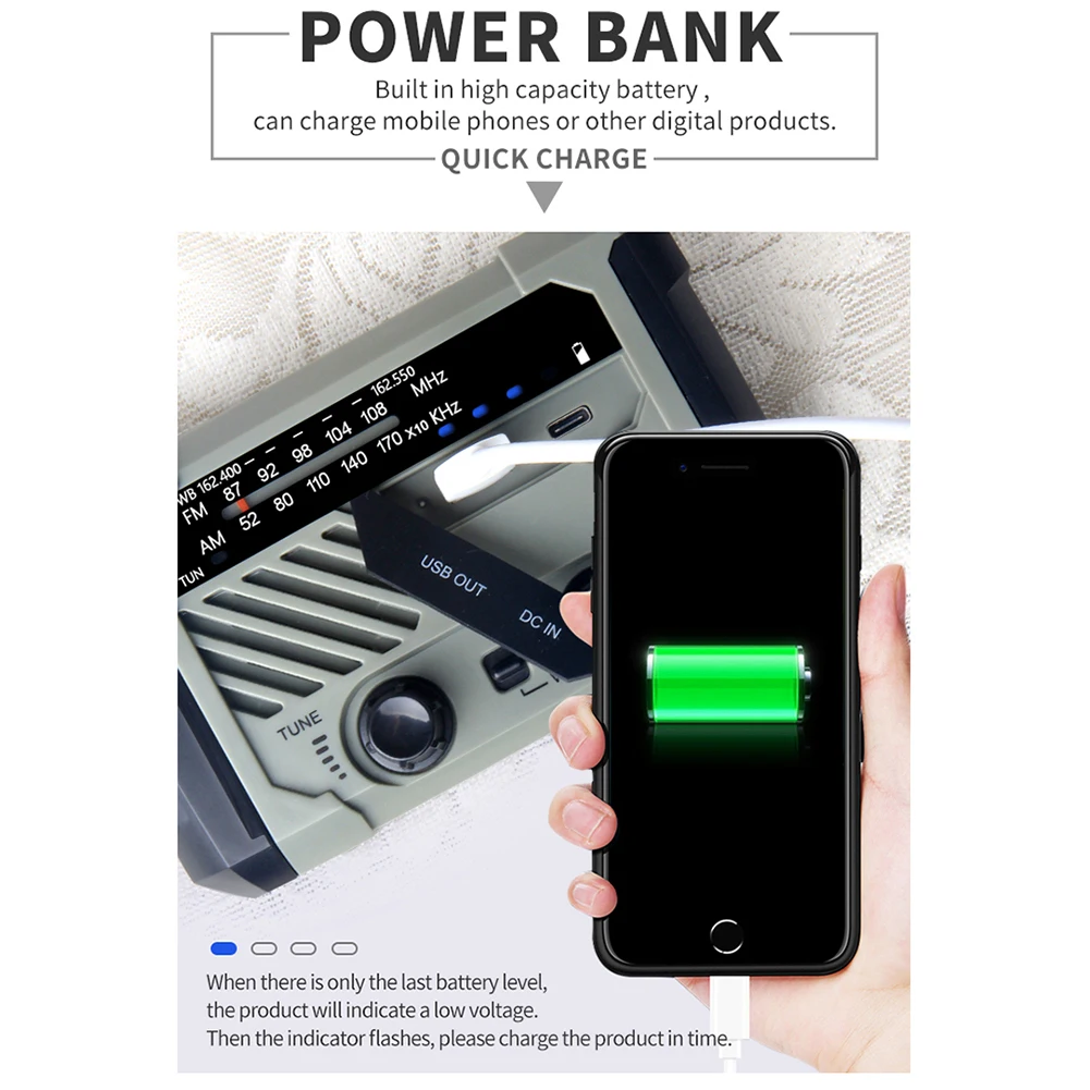 emergency radio solar hand crank powered 2000mah power bank phone charger portable amfmnoaa weather radio cob led flashlight free global shipping