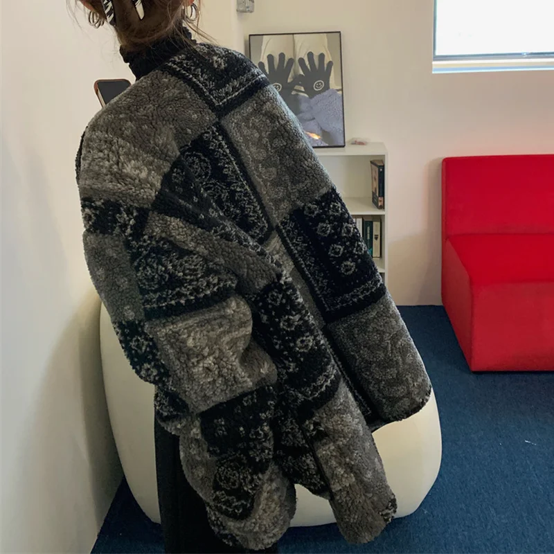 Women's Parka Coat Fashion Print Winter Jacket Loose Round Neck Warm Thick Lamb Wool Thicken Jacket Casual Streetwear Women