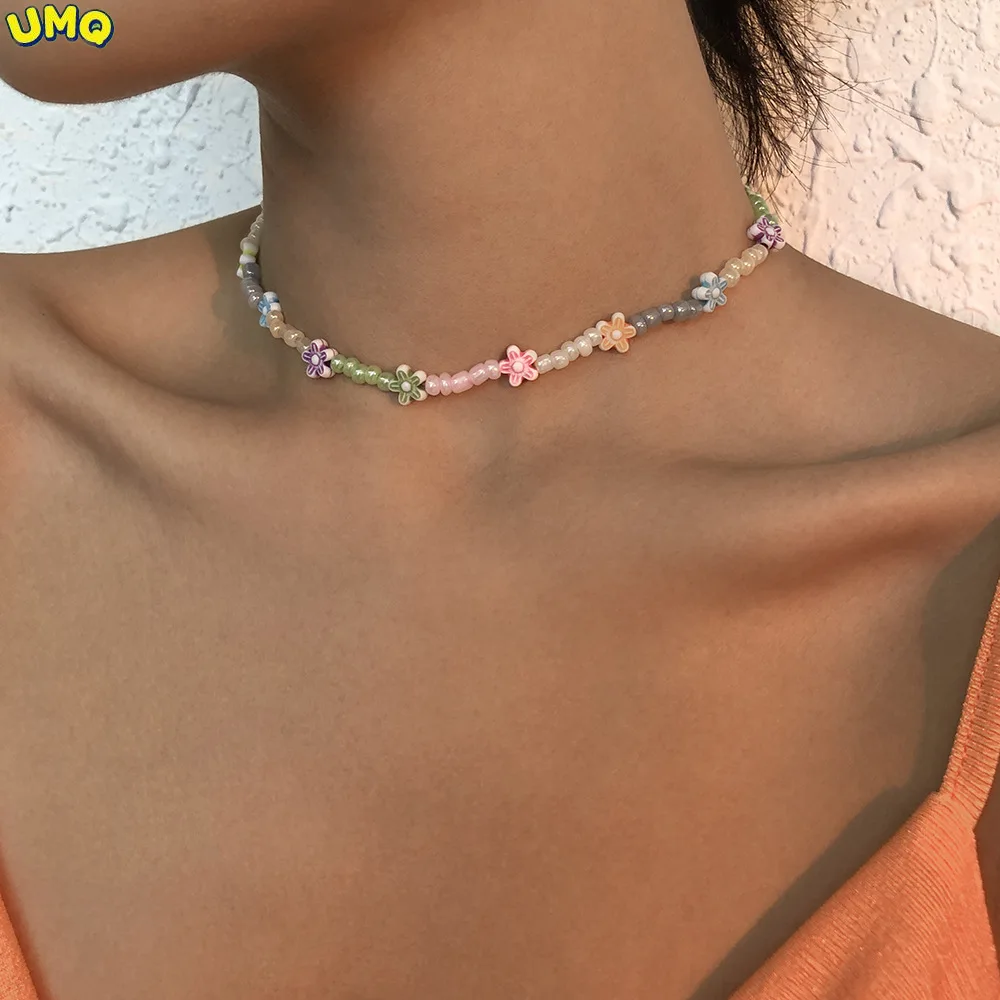 

Fashion N9227 Temperament Color Handmade Beaded Neck Chain Girl Candy Color Sweet Necklace Flower Resin Trendy Necklace Gifts
