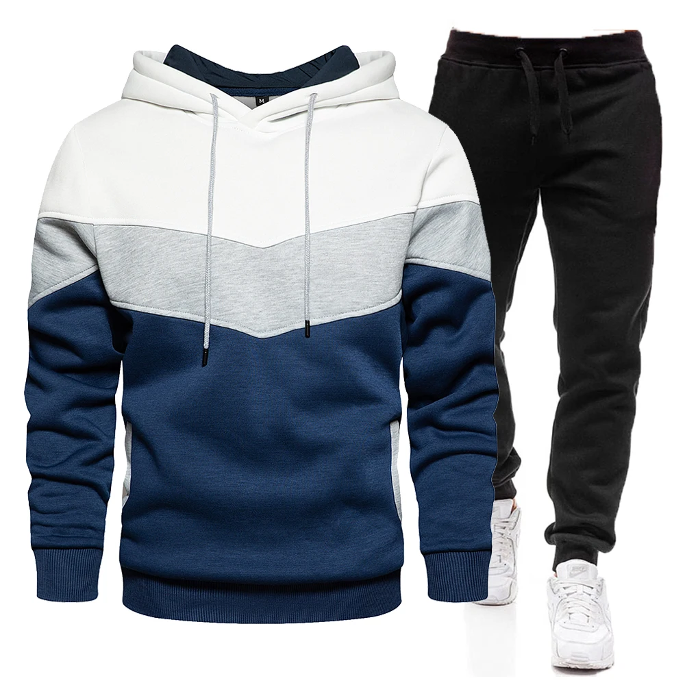 

Autumn and winter warm hooded Sweatshirt+trousers suit Men's hooded patchwork sweater 2-piece pullover Hoodie Sportswear suit