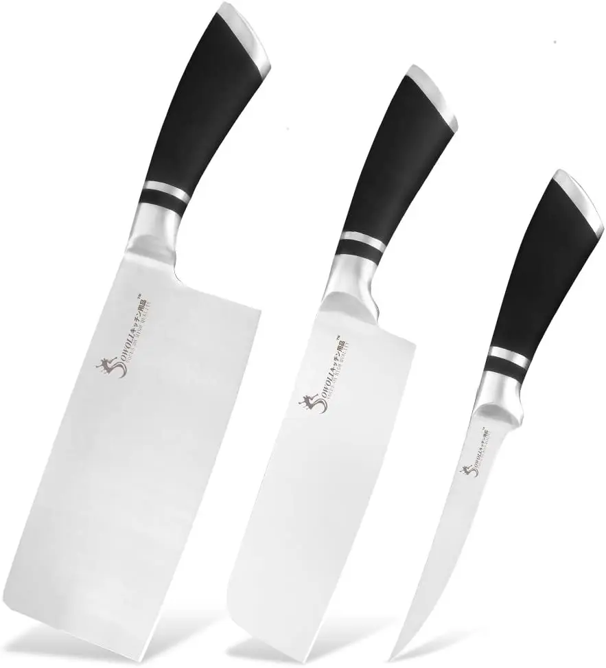 

XYj 3 PCS Stainless Steel Kitchen Knife Knives Set Chopping Boning Meat Cleaver Butcher Knife with Edge Guards Ergonomic Handle