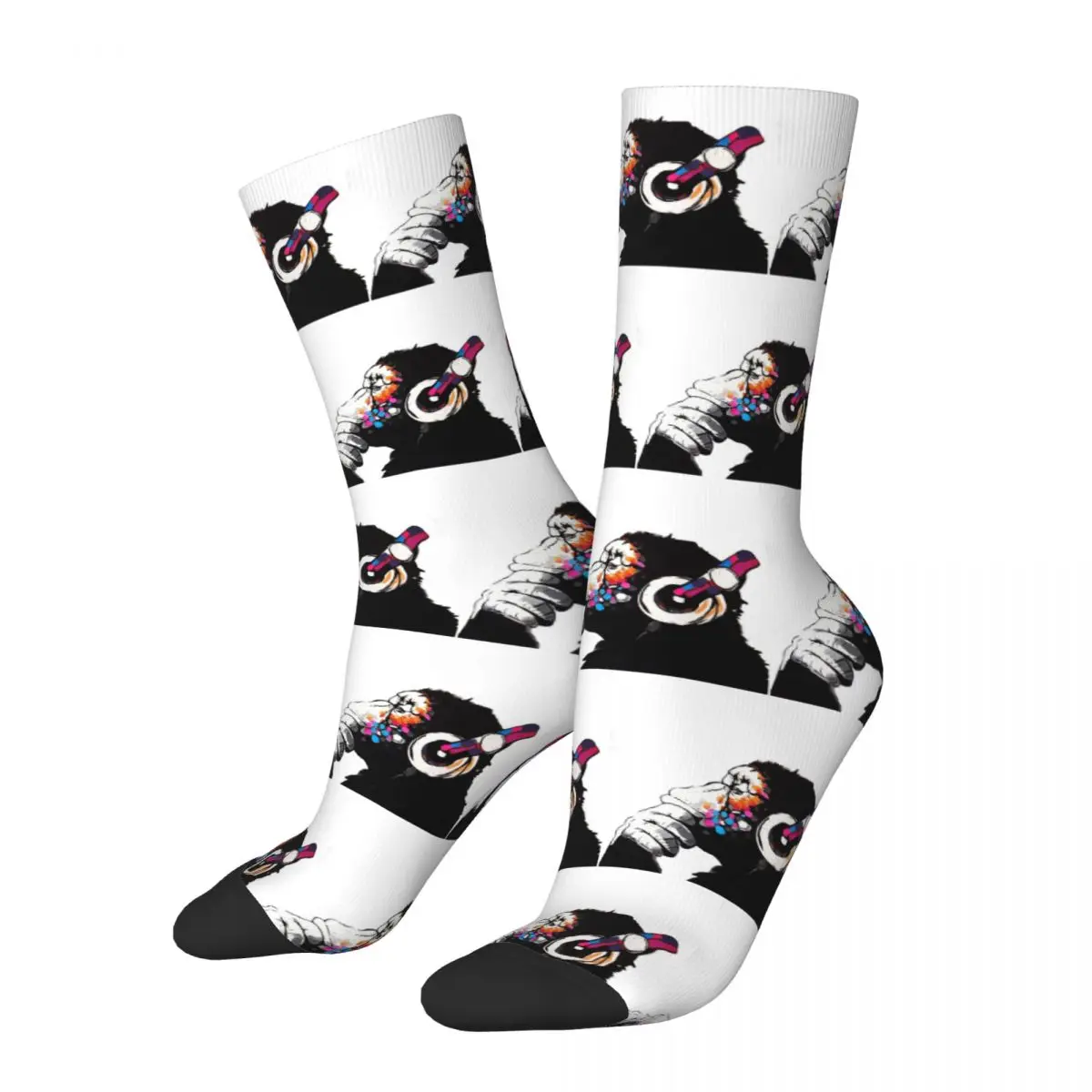 

Thinker обезьяна DJ с наушниками Бэнкси искусственная кожа Новый 3D принт Смешные Harajuku унисекс носки средней длины