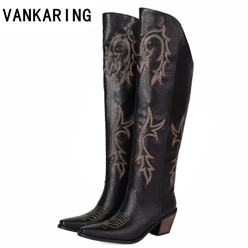

Женские ковбойские сапоги до колена, сапоги из искусственной кожи на толстом высоком каблуке, с вышивкой, в стиле ретро, Осень-зима