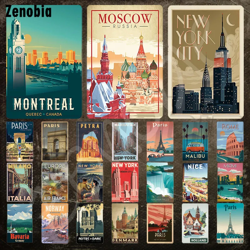 

Vintage Travel Metal Sign Montreal Moscow New York City Landmark Building Tin Sign Plate City Landscape Retro Plaque Decoration