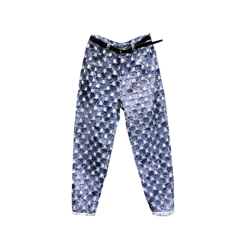 Tie-Dyed Ripped Lace Patchwork Jeans Women's European Station 2023 Summer New High Waist Slimming Tappered Harem Denim Pants