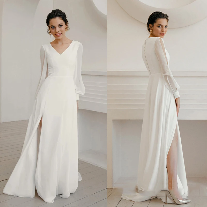 

Boho V-Neck Elegant A-Line Simple Journey Long Sleeves Sweep Train Vintage Chiffon High Slit Wedding Dress Gown Bridal Dress
