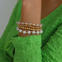 4pcsset of gold metal pearls beaded bracelet bohemian style women female fashion adjustable bangles bracelet boho jewelry
