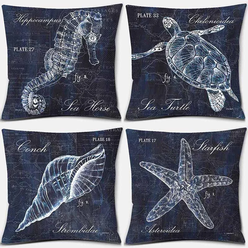 

Seahorse Shell Tortoise Starfish Print Square Pillowcase Home Decor Car Sofa Cushion Cover (45cm * 45cm)