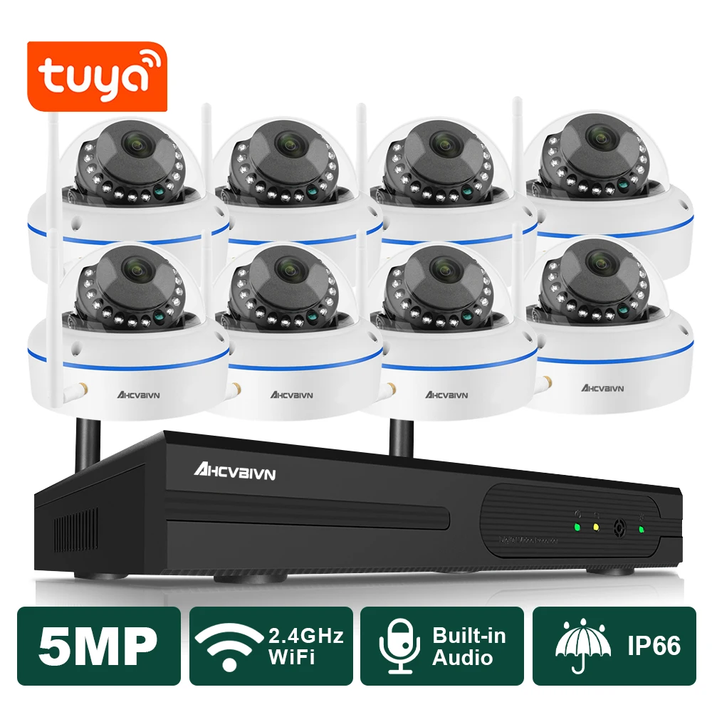 

AHCVBIVN Tuya Video Surveillance Cameras System With Wireless Wifi NVR Kit 5MP Audio Smart Home Outdoor CCTV Security Camera Set