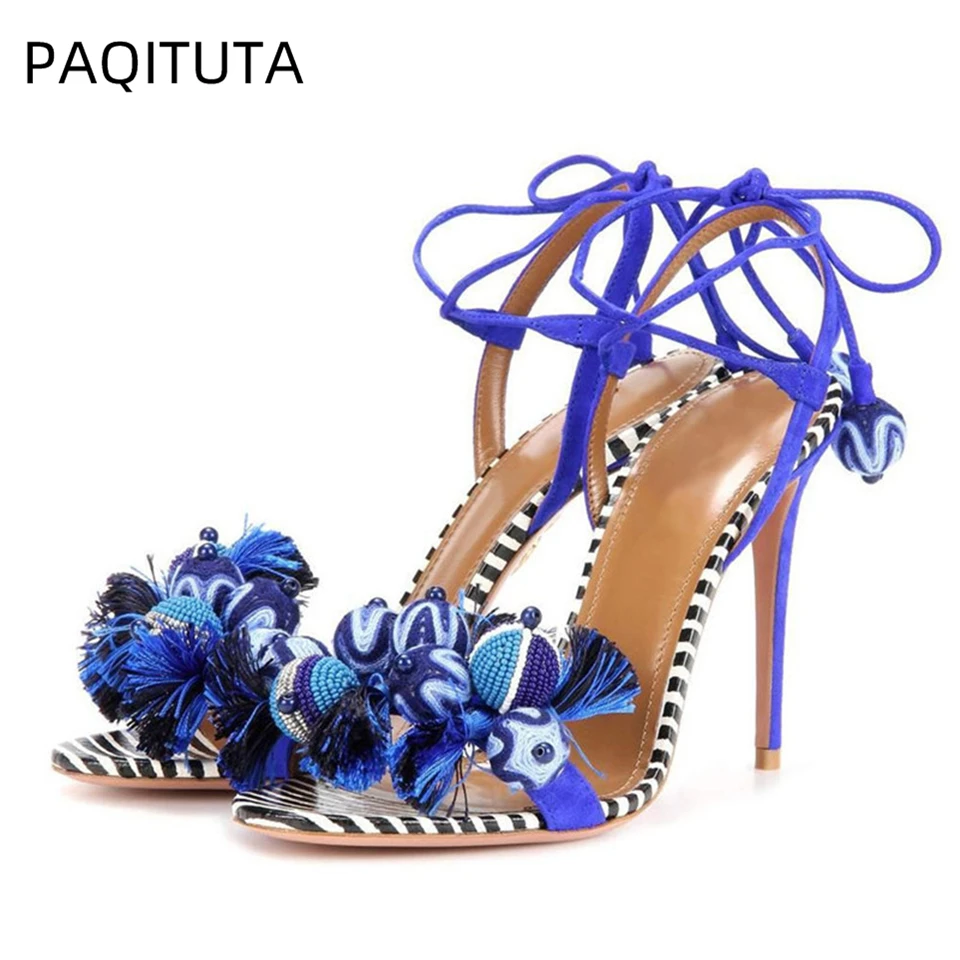 Luxury Suede Ankle Wrap Sandals Women 10cm Stiletto Heel Fringed Pompoms Tassels Sexy Open Toe Summer Shoes For Girls