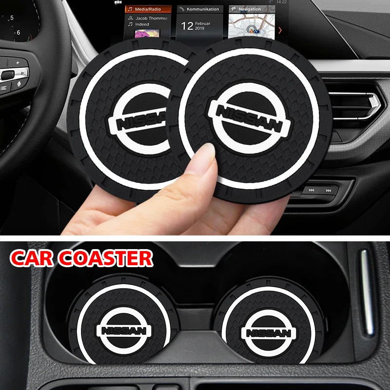 

2pcs Car Logo Anti-Slip Car Water Coaster Rubber Mat Bottle Holder Coaster 7.2cm For Nissan Qashqai Patrol Juke Navara Serena