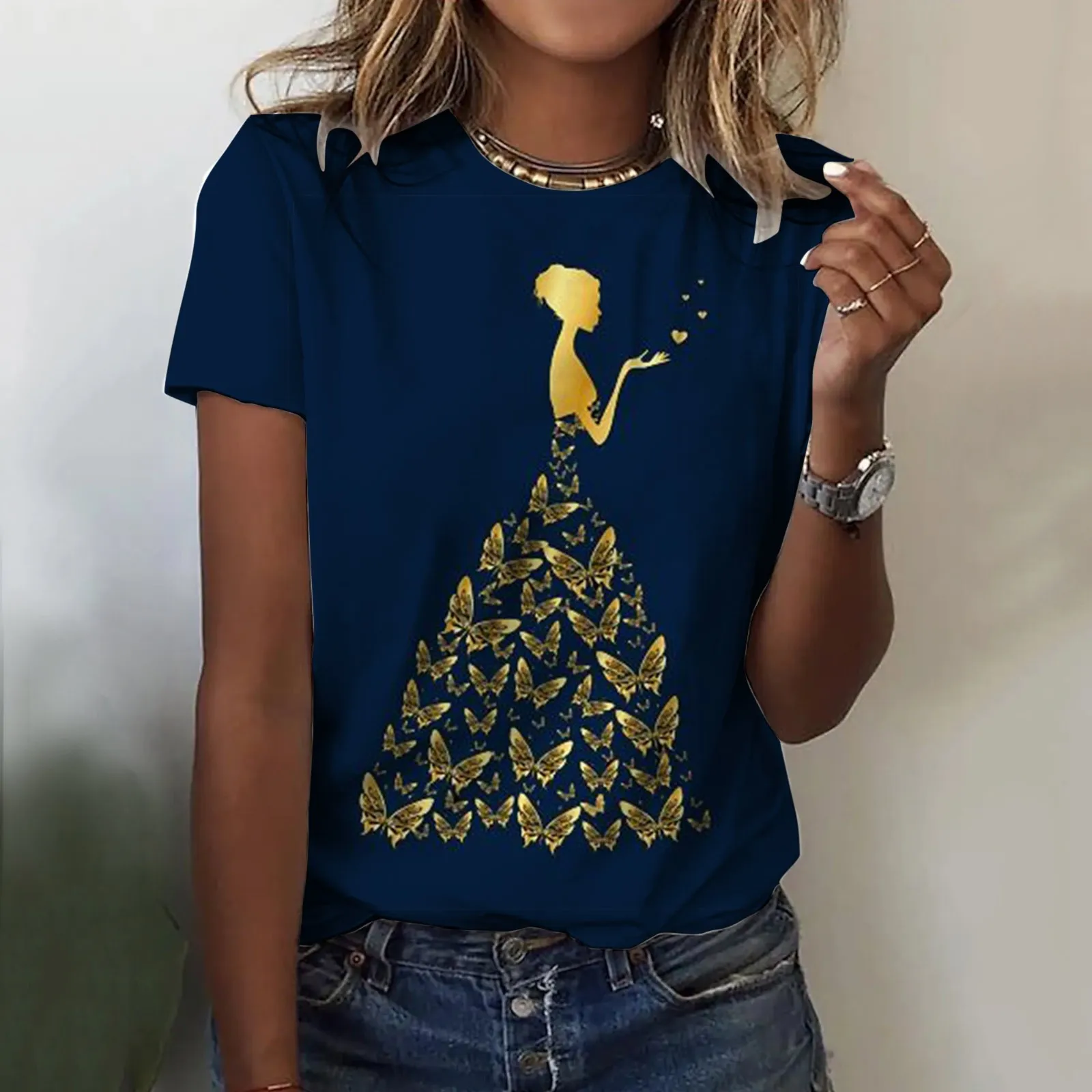 

Женский топ с коротким рукавом и круглым вырезом, свободного покроя