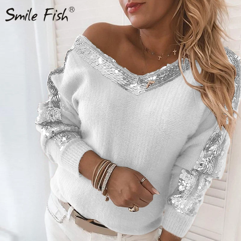 

Casual Winter Women Elegant Solid Color Sequin Sweaters Ladies Sexy Shoulder Pullovers Long Sleeve Sweater Autumn Tops G2037