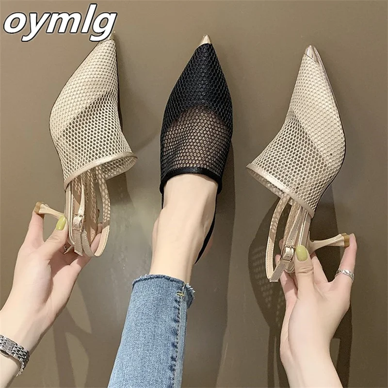 

2022new summer mesh hollow Roman pointed toe color matching sandals women's stiletto Baotou banquet high heels designer sandals