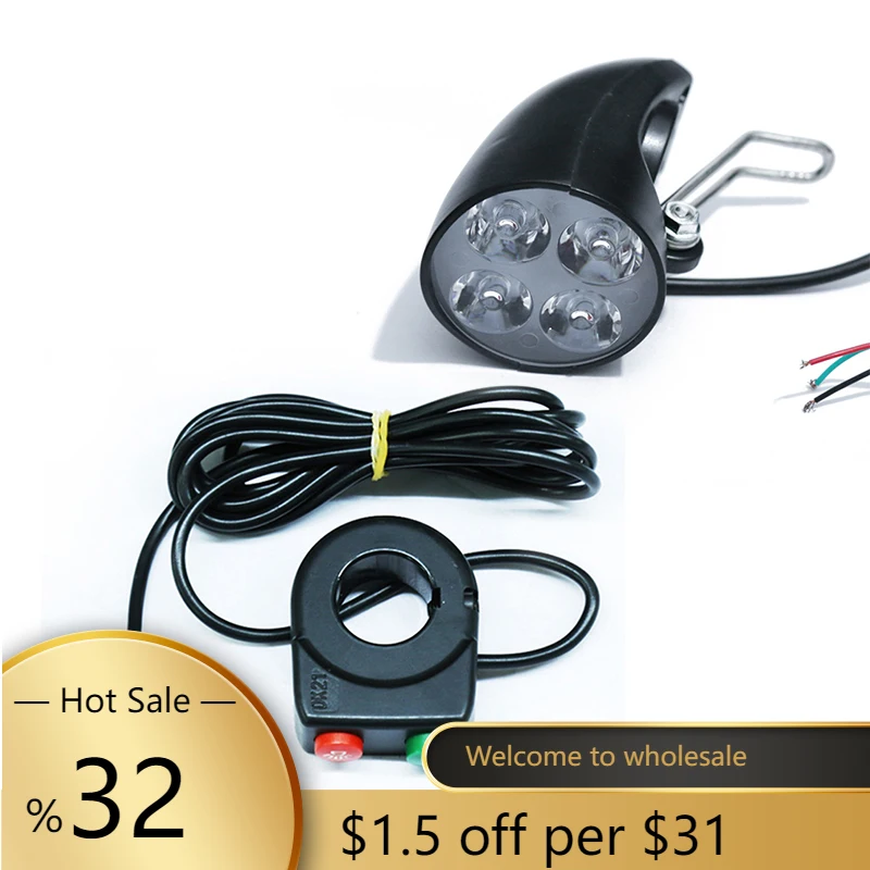 

36/48V E-Bike Light With Horn 2 in 1 Designed Scooter Head Lamp Electric Bicycle 4LEDs Front Headlight & Horn Switch set