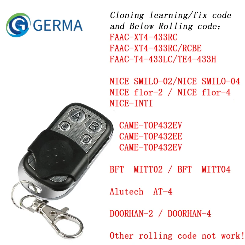 

GERMA 4 Buttons Copy Remote Control 433MHZ Clone Fixed Learning Code duplicator for Garage Gate Door Opener Key Transmitter