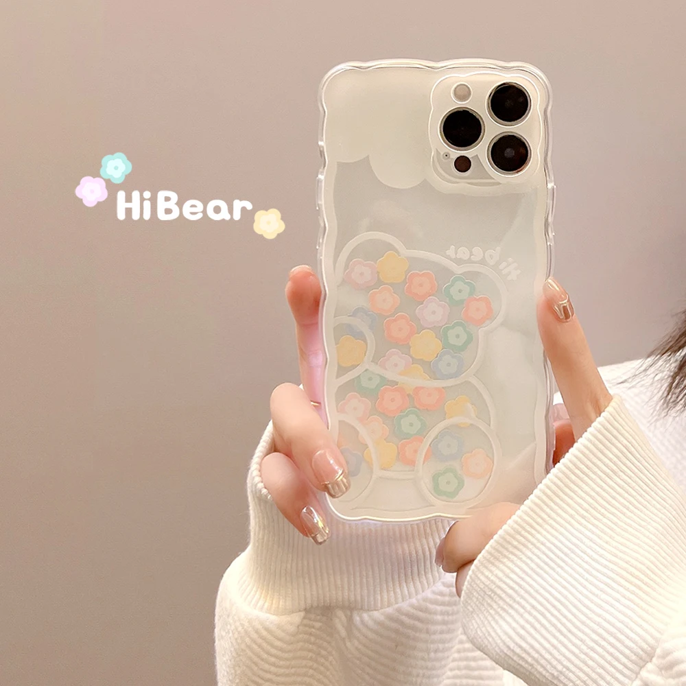 

Cute Cartoon Bear Graffiti Flower Border Case for iPhone 12 13 Mini 11 Pro Max X Xr Xs Max 8 7 Plus SE 2 Transparent Soft Cover