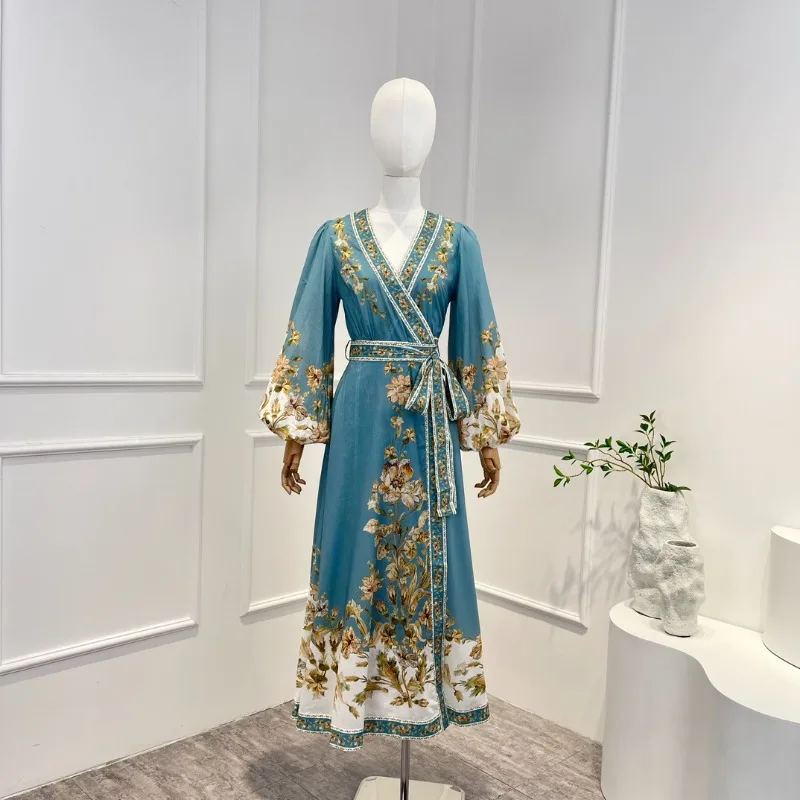 

Женское винтажное платье средней длины, голубое платье с запахом и рукавами-фонариками, весна-лето 2023