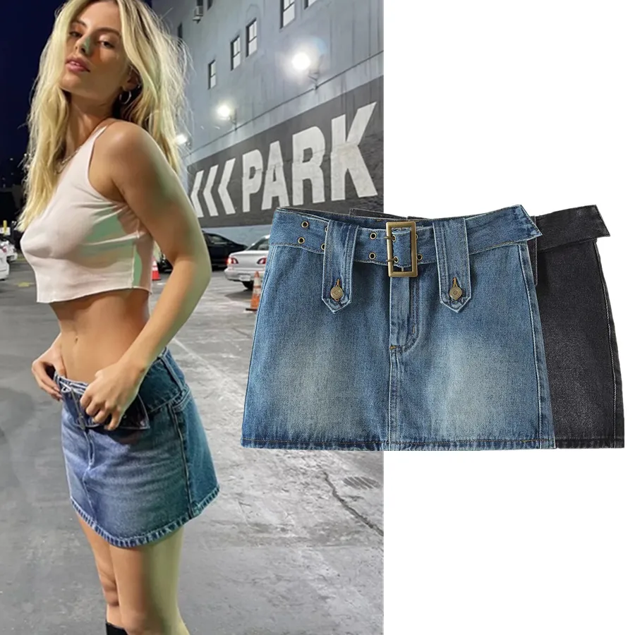 

Dave&Di 2022 Ins Fashion Blogger High Street Sexy Mini Denim SKirt Retro Washes Sashes A-line Casual Skirts Women