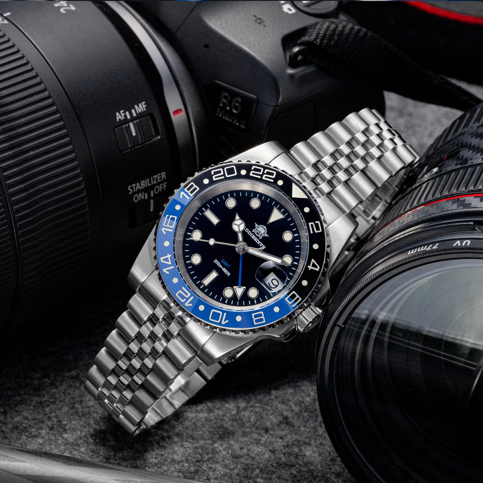 Фото ADDIESDIVE AD2050 Роскошные часы GMT из нержавеющей стали, суперлюминесцентные, водонепроницаемые до 20 бар, мужские кварцевые часы для дайвинга с керамическим безелем №4