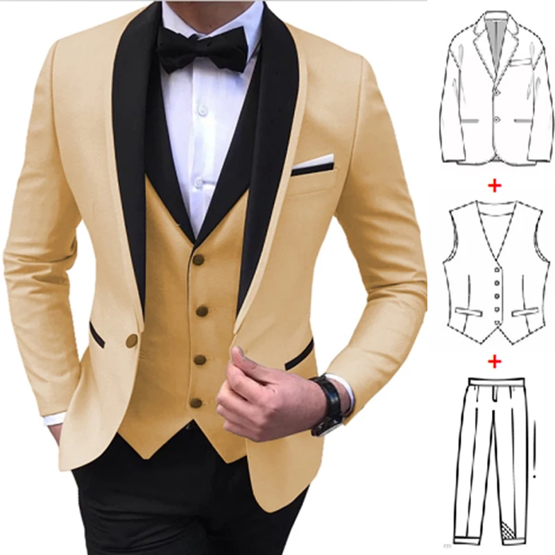 New Fashion Champagne Suit for Men 2022 Costume Homme Groomsmen Wedding Tuxedos Best Man Formal Party Men' s Set 3 Pics