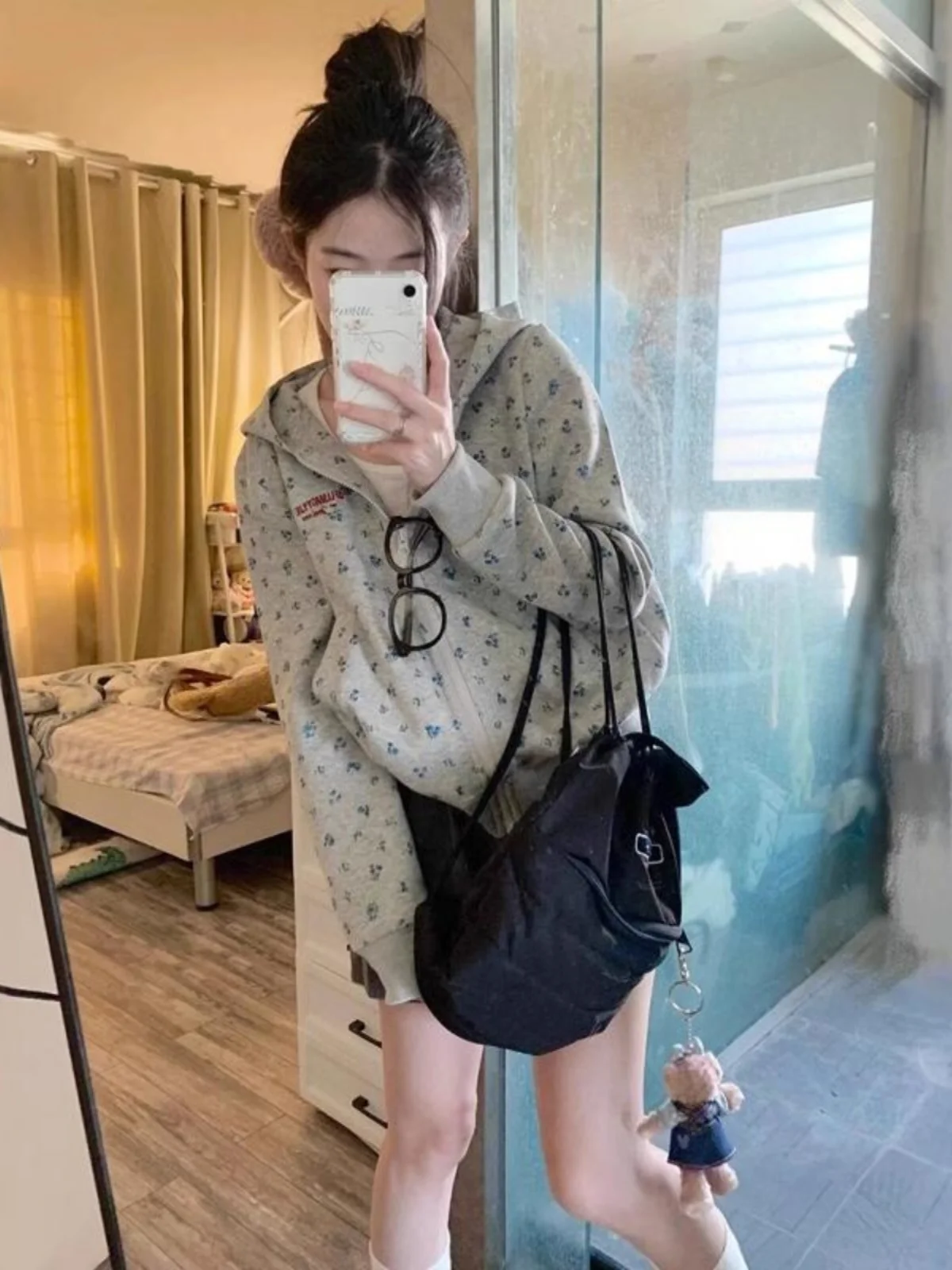  Floral Shoulder Fleece-lined Thick Short Outerwear Trendy Autumn and Winter New Design Sense Chic Hoodie