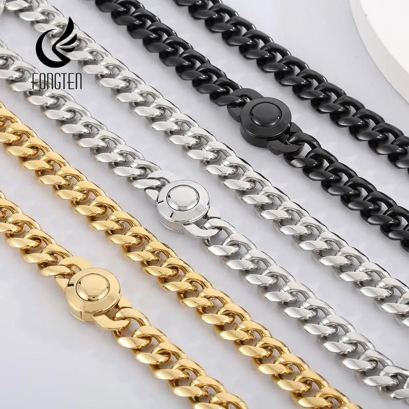 

Fongten Simple CNC Stones Stainless Steel Curb Necklace For Men 3 Colors Cuban Link Neck Hip Hop Jewelry Customizable Length