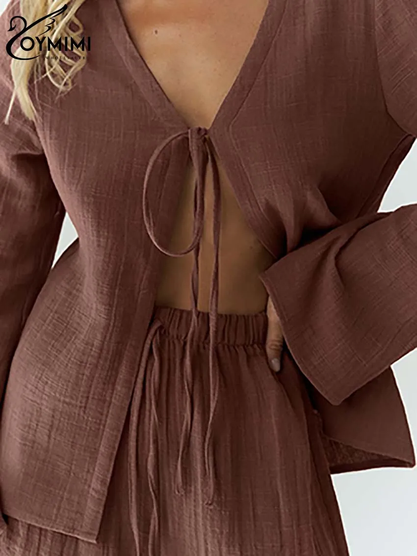 Oymimi повседневный коричневый хлопковый комплект из двух предметов для женщин