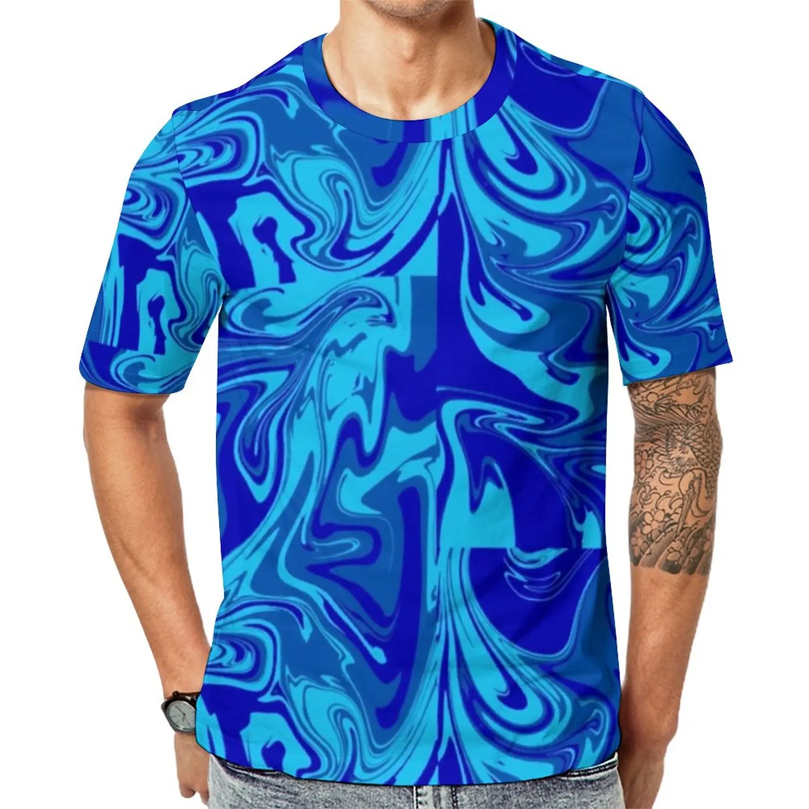 

Голубая неоновая футболка с рисунком, модные футболки с абстрактным рисунком жидкости, забавная футболка для пары, летние футболки с короткими рукавами на заказ, женская одежда 6XL