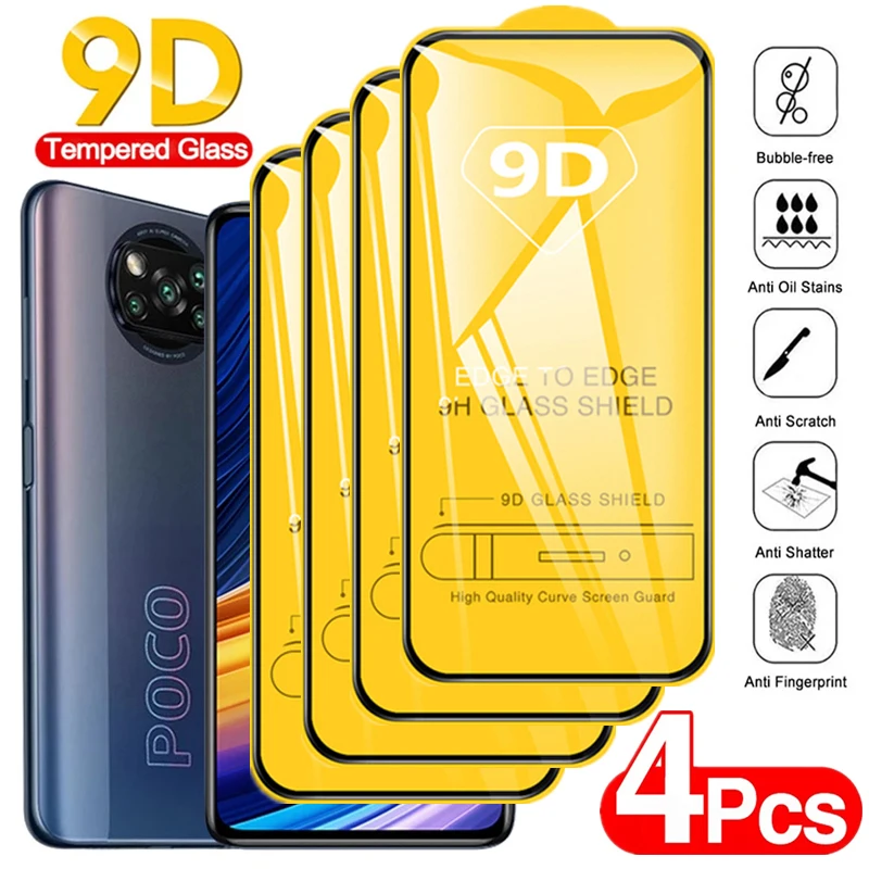 

4PCS 9D Full Glue Tempered Glass for Xiaomi Poco X3 X4 F3 F4 M3 M4 Pro 5G NFC GT Screen Protector Redmi 9A 9C Note 11 Pro 5G 11S