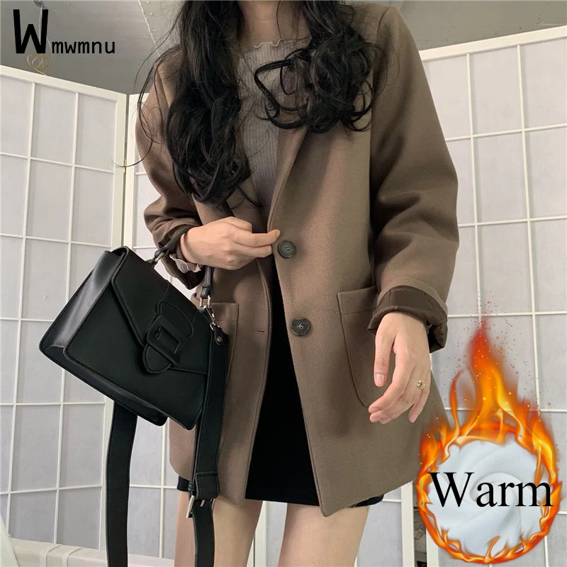 

Осенне-зимнее плотное шерстяное пальто, корейский женский офисный деловой блейзер цвета хаки с хлопковой подкладкой, элегантная Свободная верхняя одежда средней длины