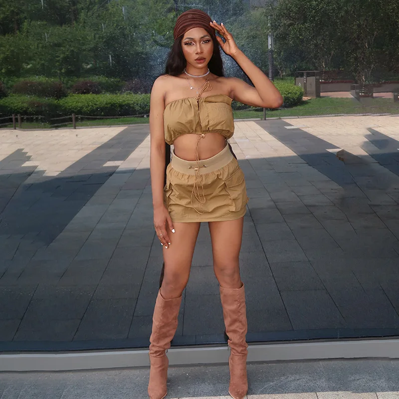 

Aniow Strapless Crop Top Pocket Mini Skirt Cargo Two Piece Set Sexy Casual Street Outftis Drawsting Waist Summer Party Club