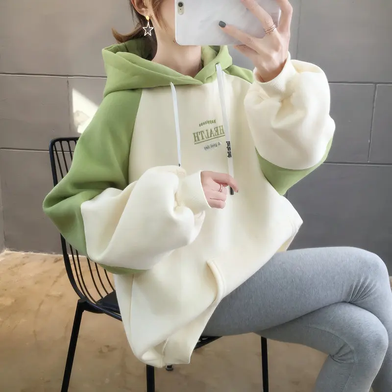 Hooded hoodie female autumn and winter Korean version loose everything Harajuku bf lazy wind student plus velvet thickened coat