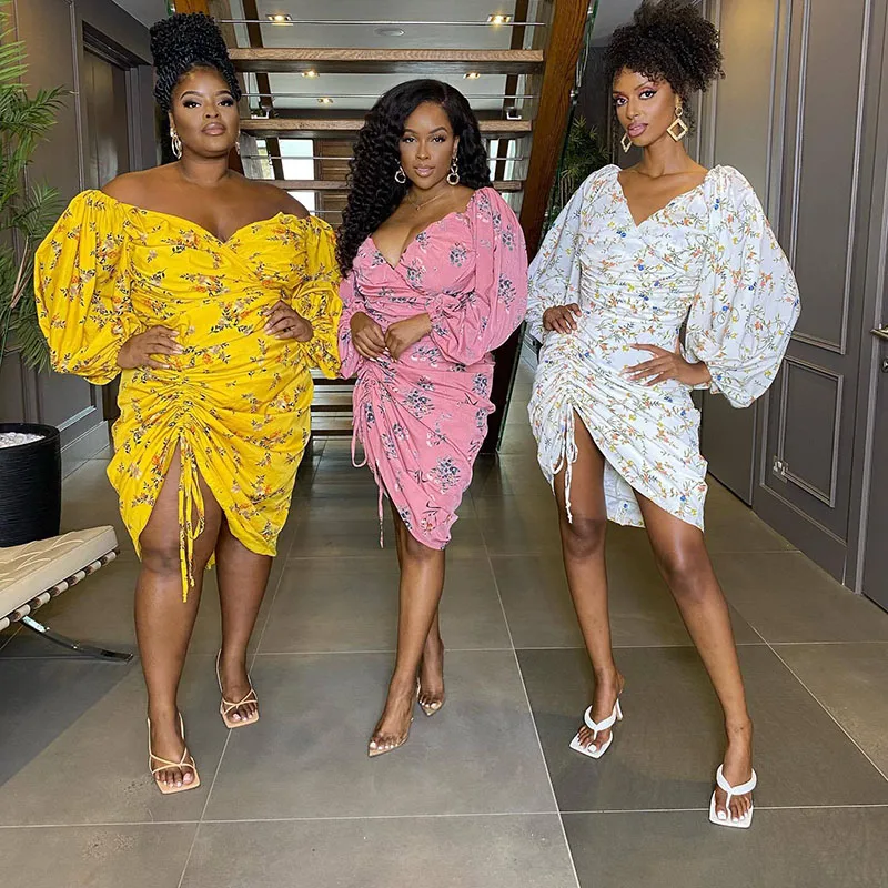 

African Print Dress Women Sexy Shoulder Off Drawstring Dress Dashiki Tribal Sister Dresses African Clothes Robe Africaine Femme