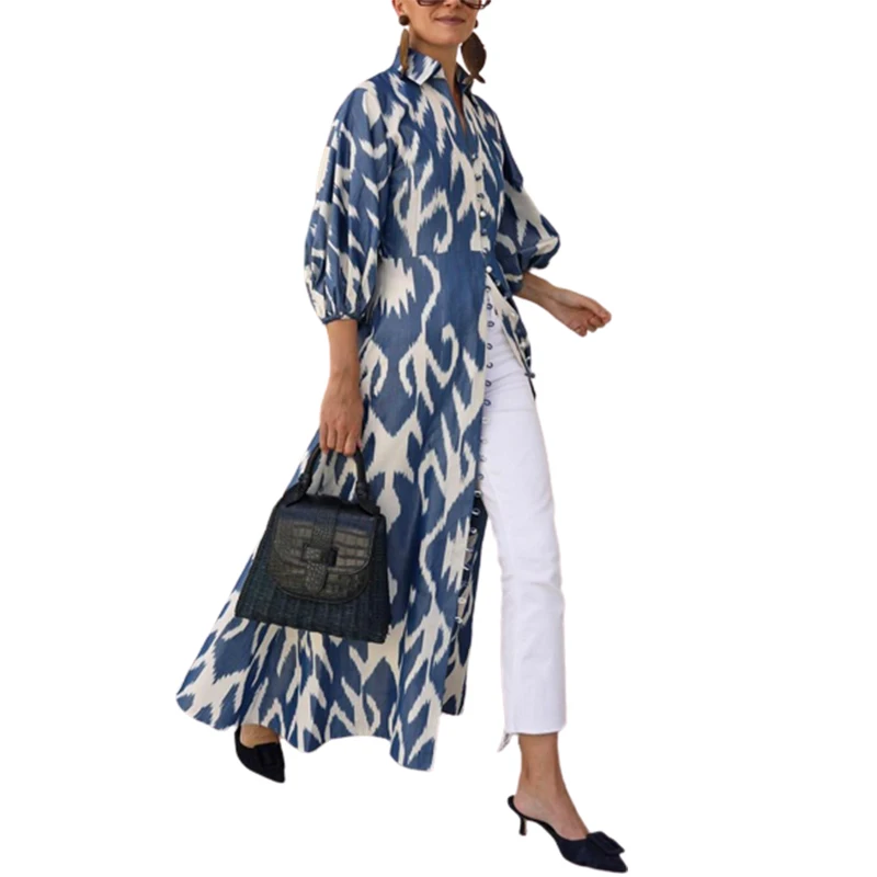

Uoozee Female Stylish Selection Printed Puff Sleeve Elegant Party Shirt Dress 2023 New Going Out Vacation Maxi Dresses for Women