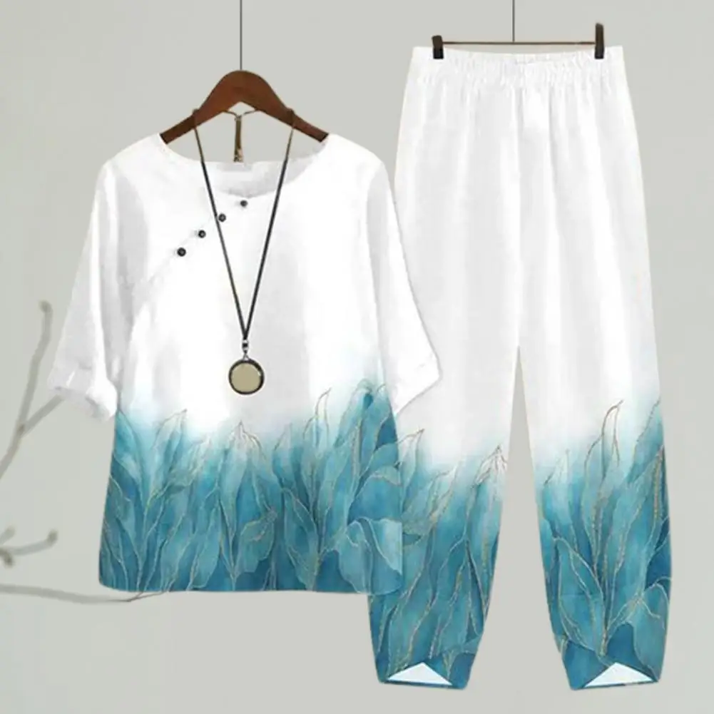

Удобный женский комплект из двух предметов с принтом Женский стильный топ с круглым вырезом и широкие брюки для повседневной удобной летней футболки