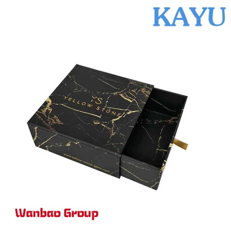 Luxury embossed gold foil logo marble drawer earring jewelry packaging box with ribbon