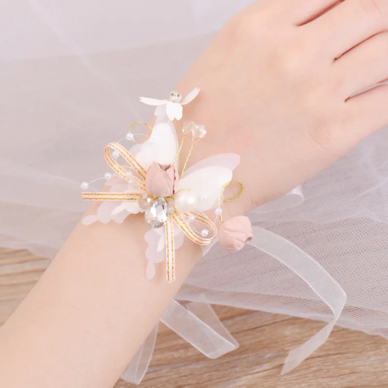 Браслет-бабочка на запястье, Свадебный корсажный браслет с цветами для подружки невесты, шелковая лента с искусственными цветами для свадьбы