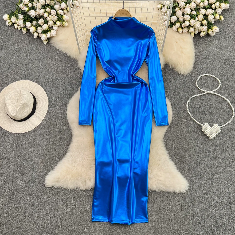 

Весенне-осеннее винтажное темпераментное платье с длинными рукавами и полувысокой горловиной, облегающее ацетатное атласное платье с запахом на ягодицах