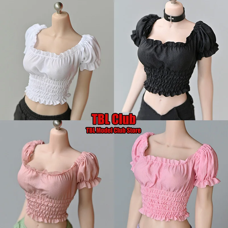 

1/6 Scale Female Soldier Off Shoulder Puff Sleeve Pleated Top Short T-shirt Clothes Model Accessories for 12" Action Figure Body