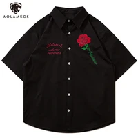 aolamegs mens shirts letter rose flower embroidery turn down collar short sleeve tops simple advance high street mens clothing