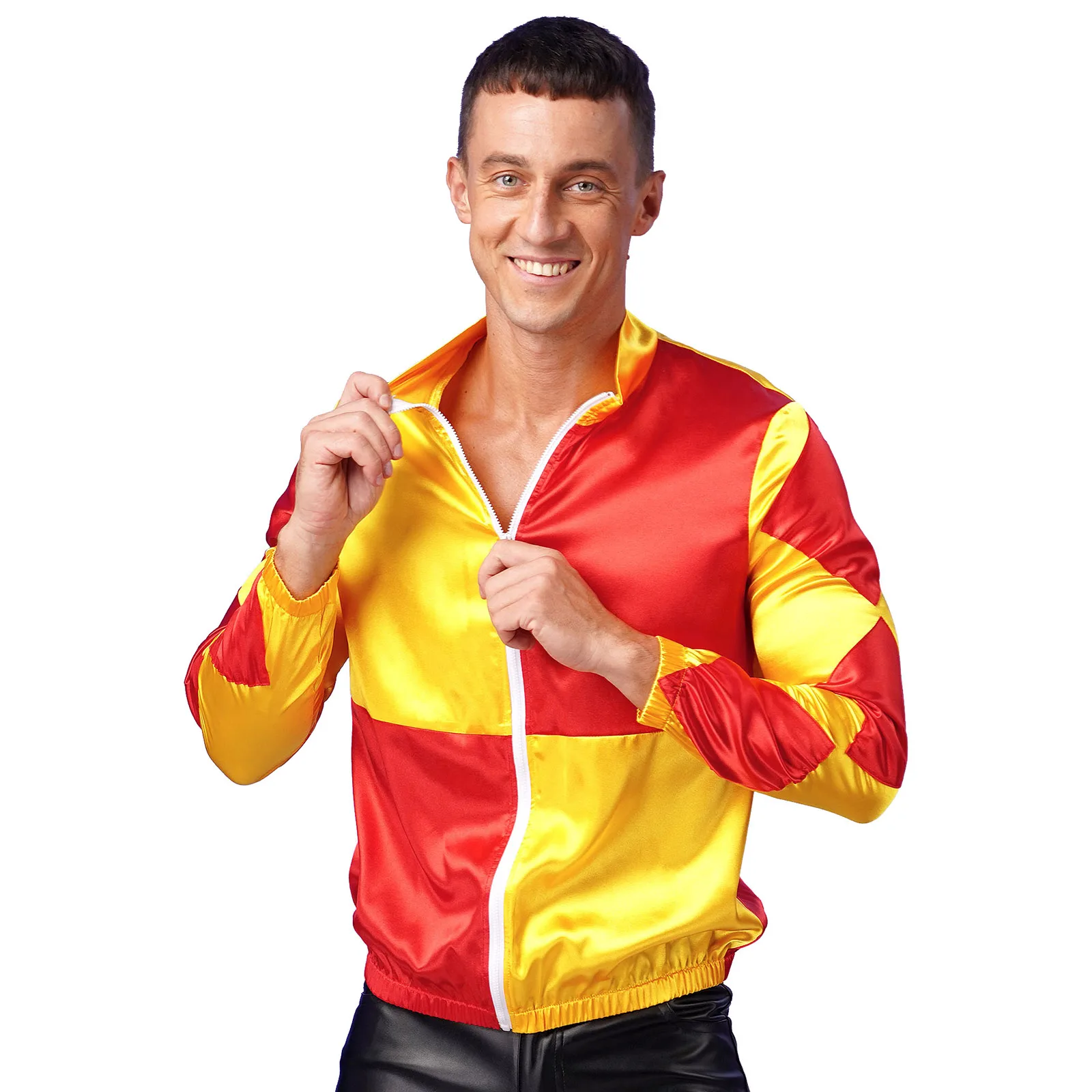 

Halloween Mens Jockey Horse Satin Jackets Front Zipper Contrast Checkerboard Outerwear Horse Trainer Jockey Cosplay Costumes