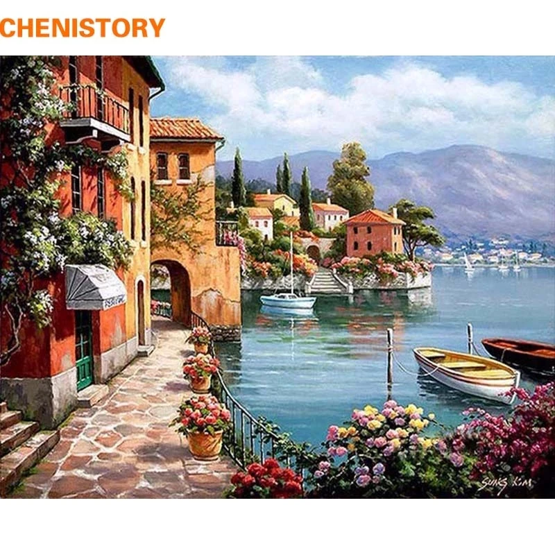 

CHENISTORY Romantic Harbor DIY Painting By Numbers Landscape Canvas Painting Home Decor For Living Room Wall Art Picture 40x50cm