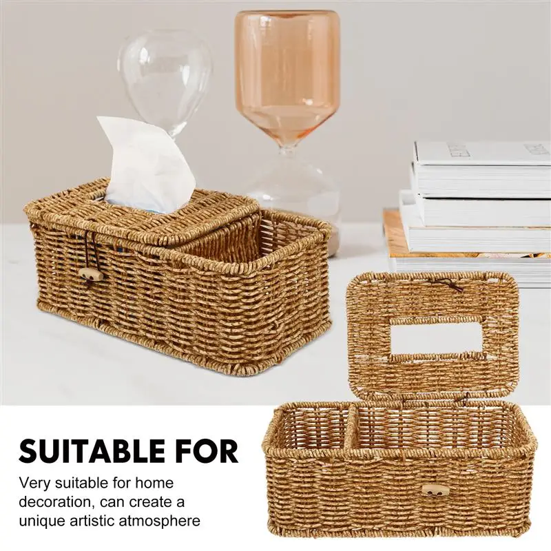 Caja de soporte para cubierta de pañuelos, organizador de papel tejido, cesta decorativa para el hogar, Cubo de mimbre Natural cuadrado Rectangular
