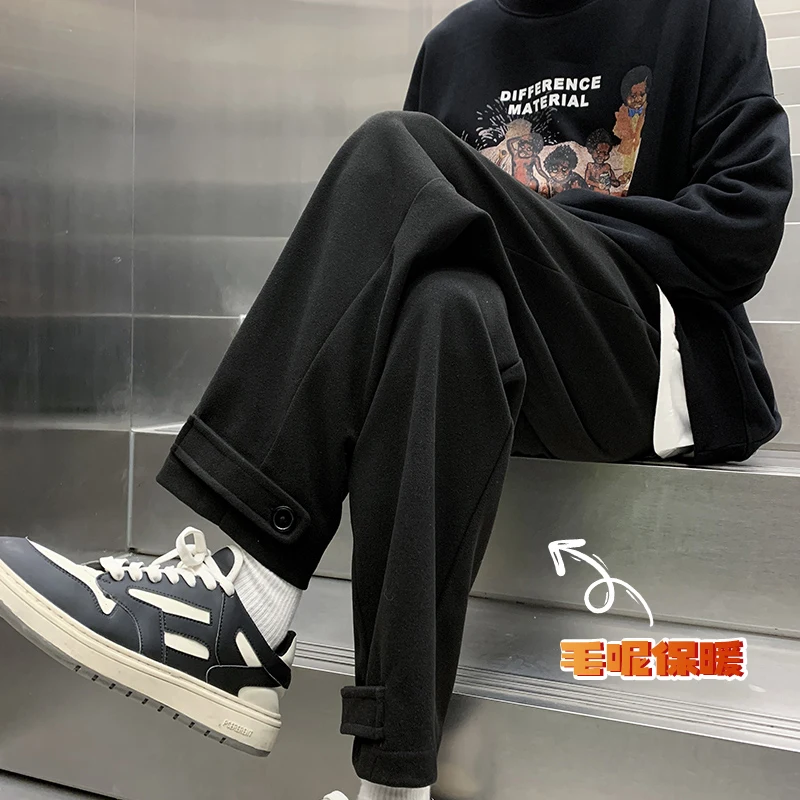 

Зимние флисовые Новые прямые мужские мешковатые универсальные Спортивные Повседневные брюки в Корейском стиле однотонные мужские брюки уличная одежда