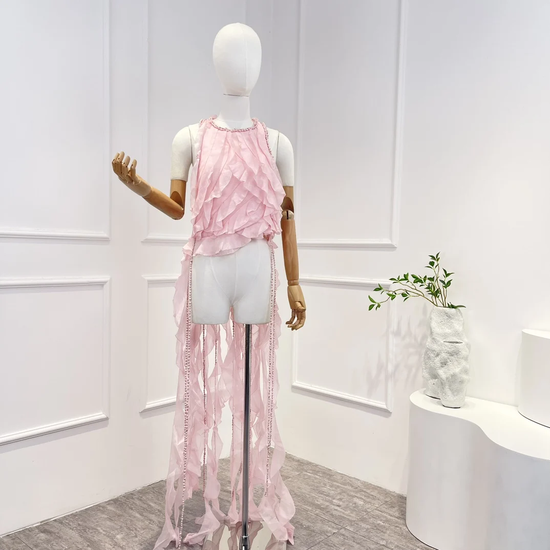 

2023 Latest Spring Summer Top Quality Solid Pink Natural Shell Tassel Asymmetrical Holiday Tank for Women