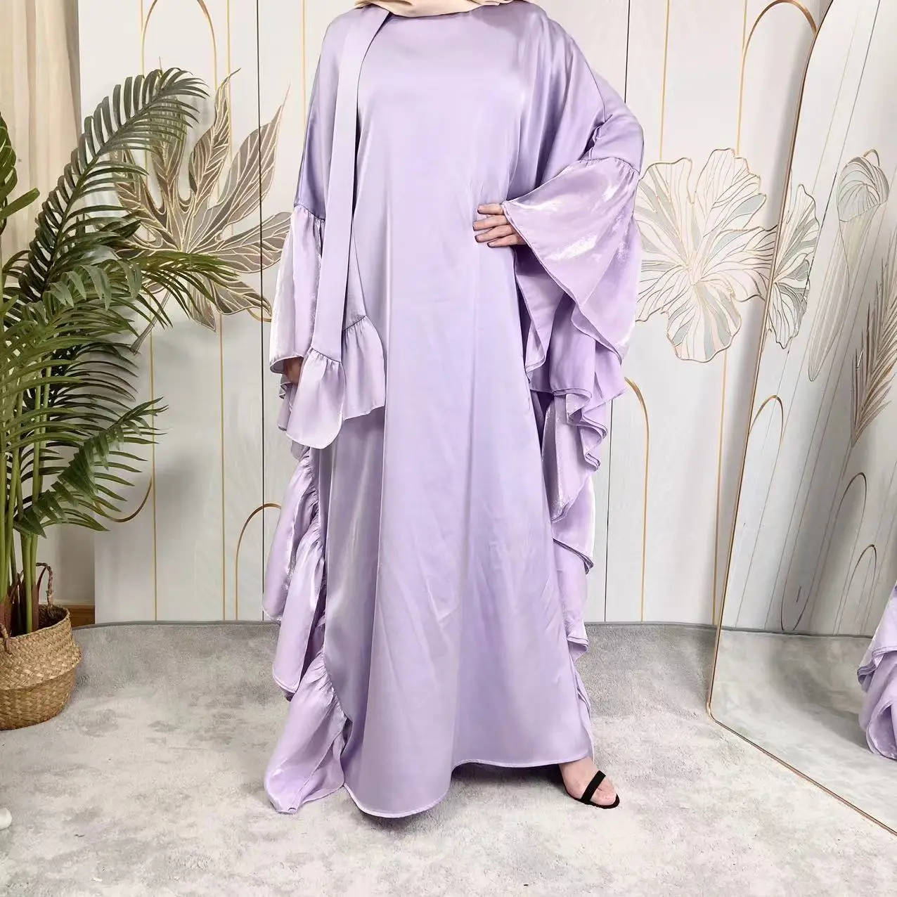 High Quality Islamic Satin Loose Dress Solid Color Popular Wide Hem Muslim Women Maxi Long Dress